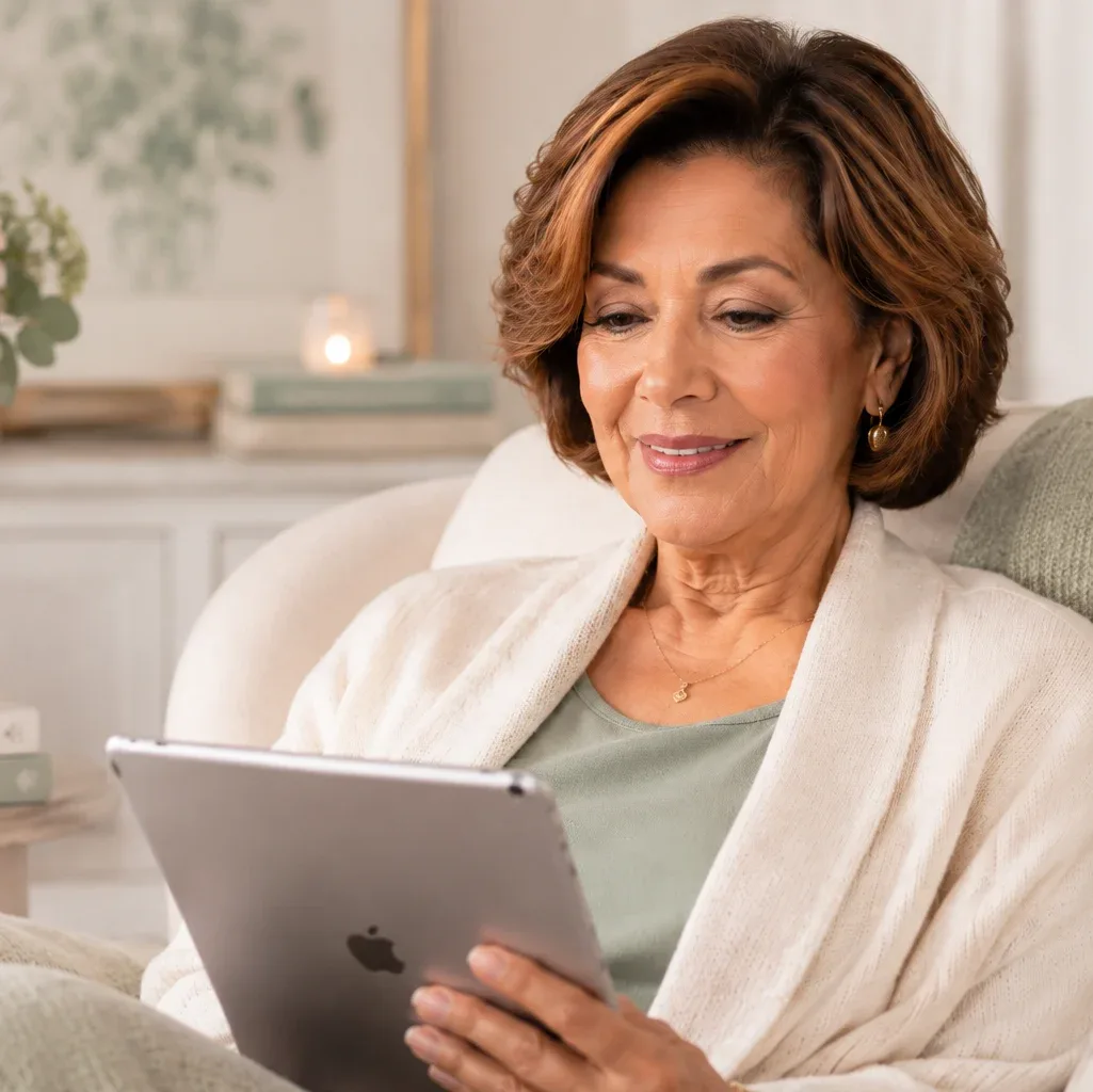 Elegant older Hispanic woman reading on an iPad at home with soft sage green, off-white, and blush decor