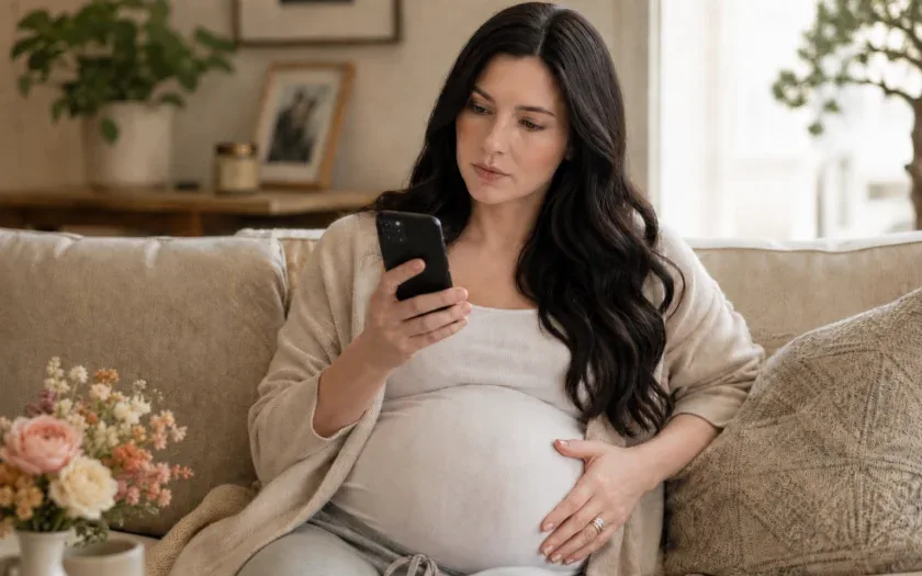 Pregnant woman sitting on a couch reading pregnancy health information about gestational diabetes symptoms