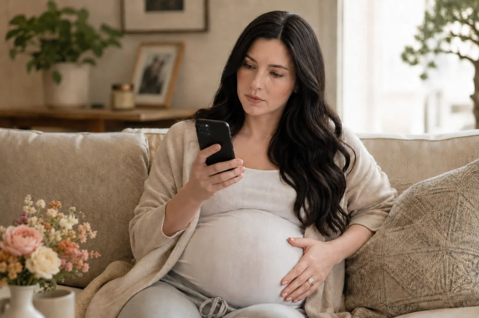Pregnant woman sitting on a couch reading pregnancy health information about gestational diabetes symptoms