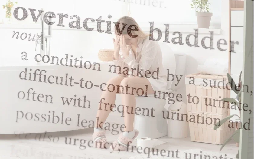 Dictionary definition of overactive bladder overlaid on a woman sitting in a bathroom